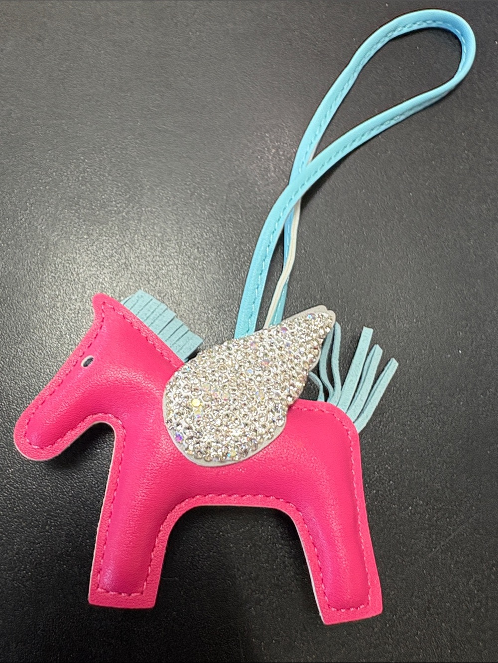 Kids Pink Unicorn Bag Charm with Sparkling Wing and Light Blue Strap